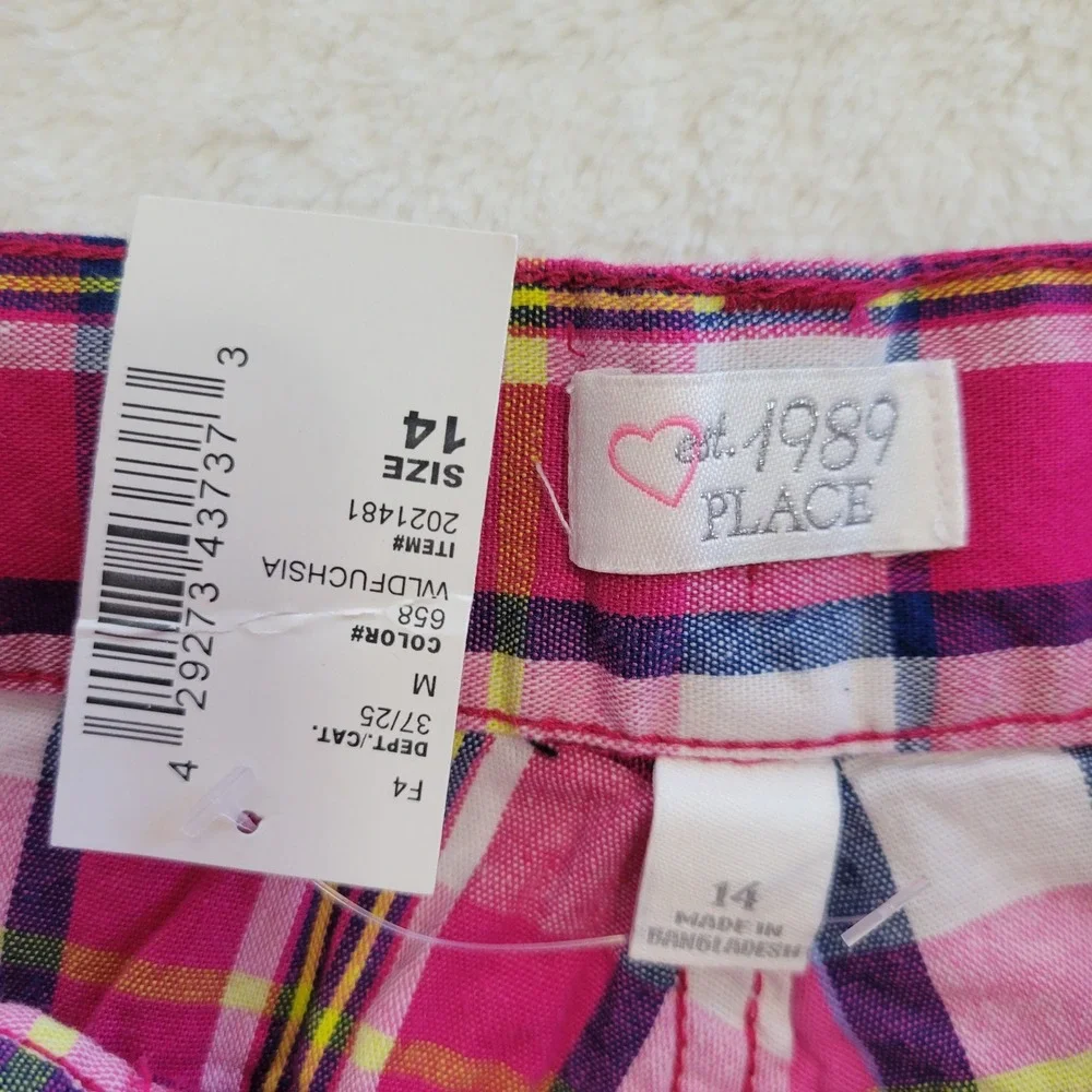 The Childrens Place Plaid Shorts Kids Size 14 Pink Wild Fuchsia Heart Pockets